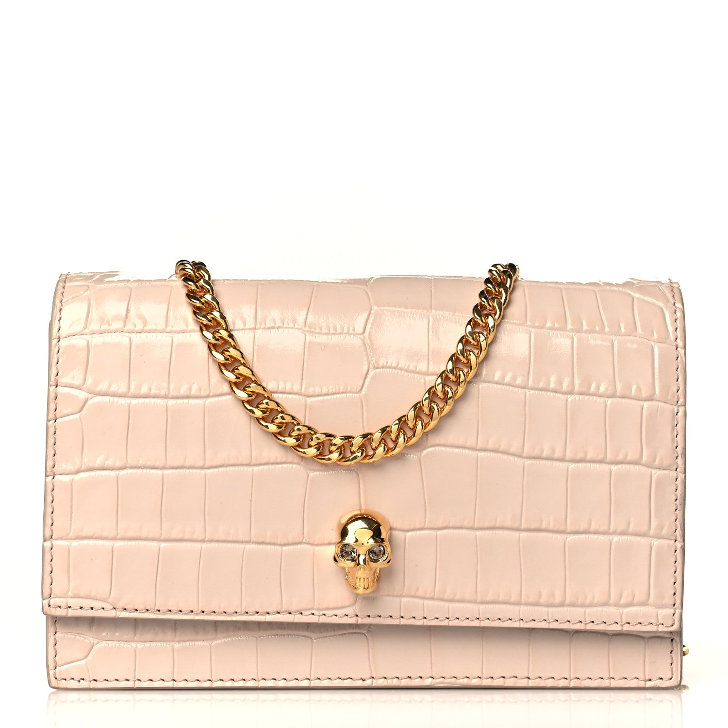Alexander McQueen Calfskin Crocodile Embossed Skull Mini Crossbody Bag Pink 1 of 7