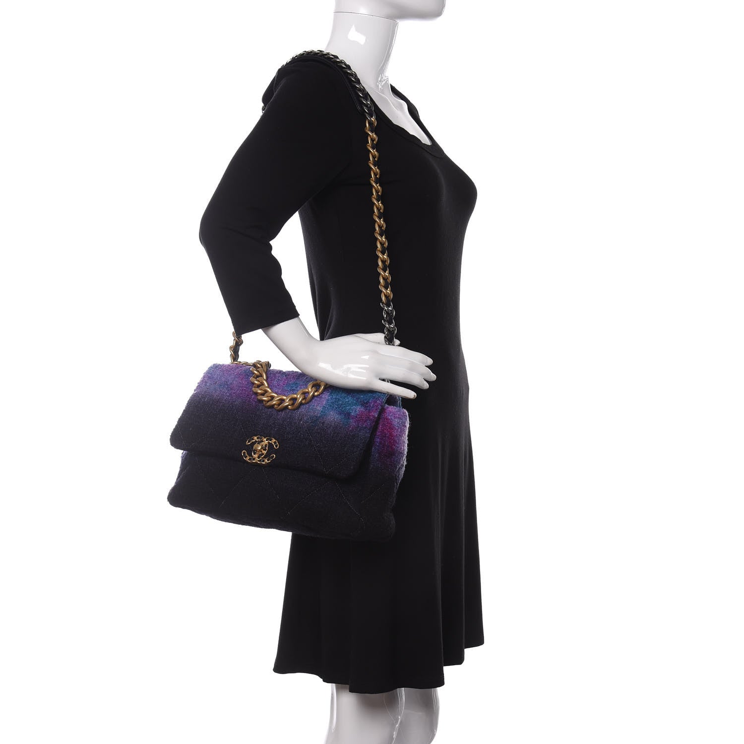 Chanel Wool Tweed Quilted Large Chanel 19 Flap Purple Black Blue 2 of 10