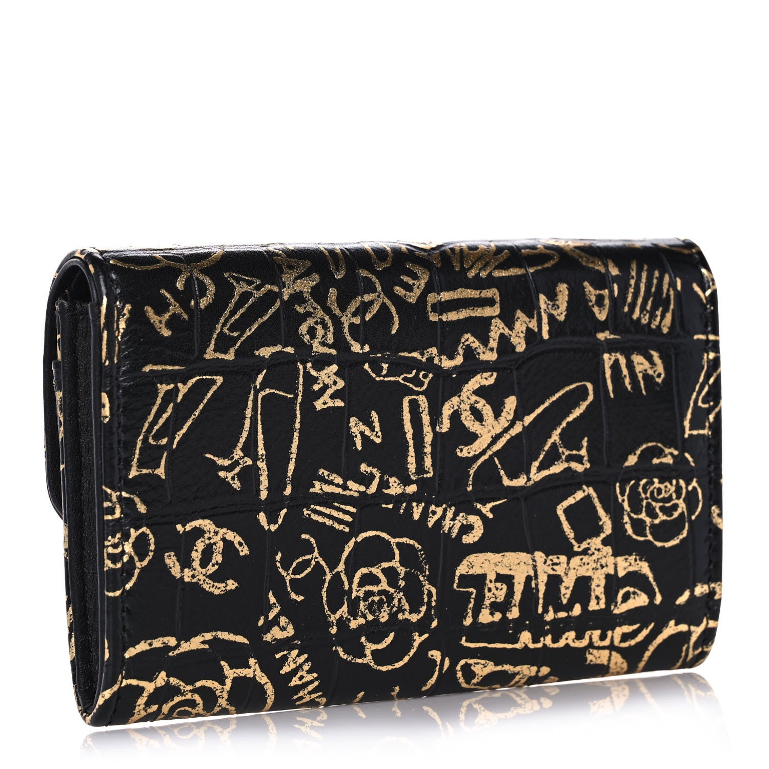 Chanel Calfskin Crocodile Embossed Graffiti 2.55 Cocodile Reissue Flap Card Holder Black Gold 3 of 11