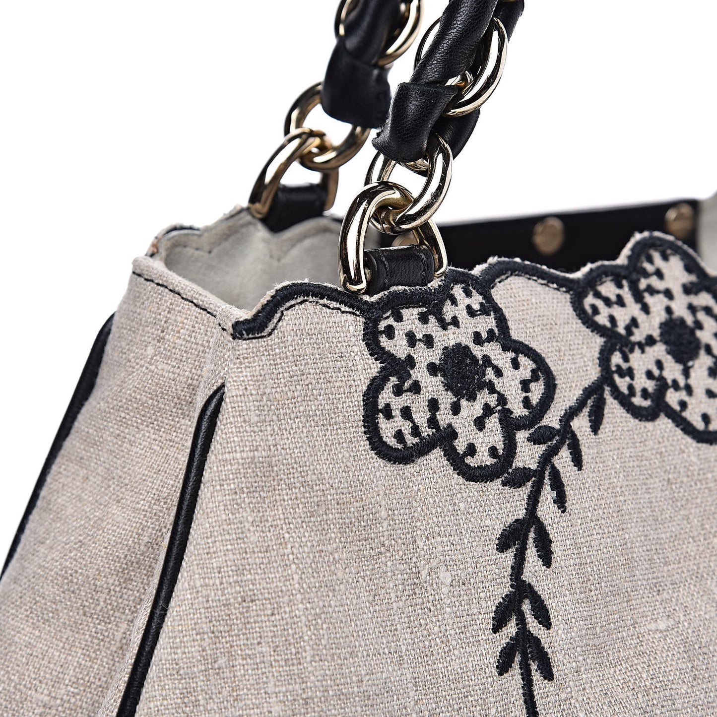 Linen Embroidered Small Mia Tote Black