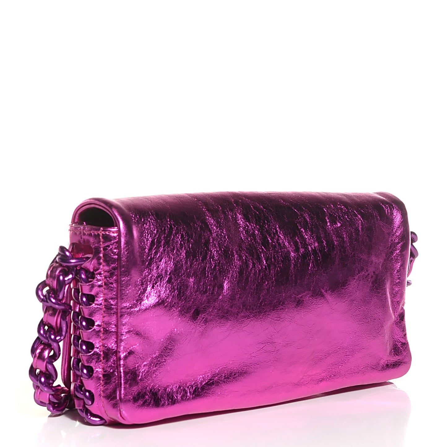 Metallic Cracked Calfskin Modern Chain Flap Fuchsia