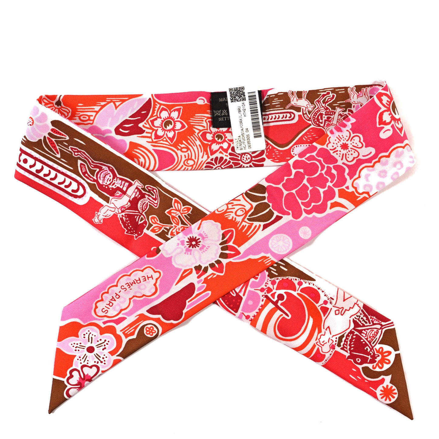 Silk Bingata Twilly Fuchsia Corail Brun