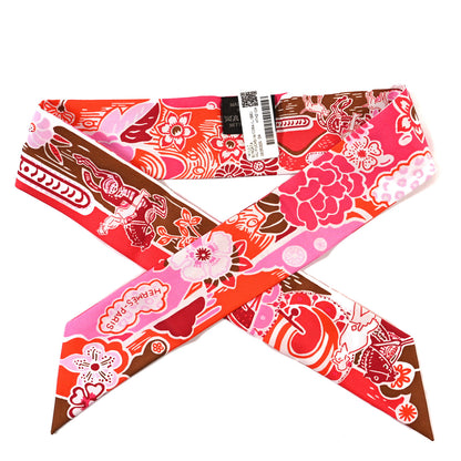 Hermes Silk Bingata Twilly Fuchsia Corail Brun 1 of 3