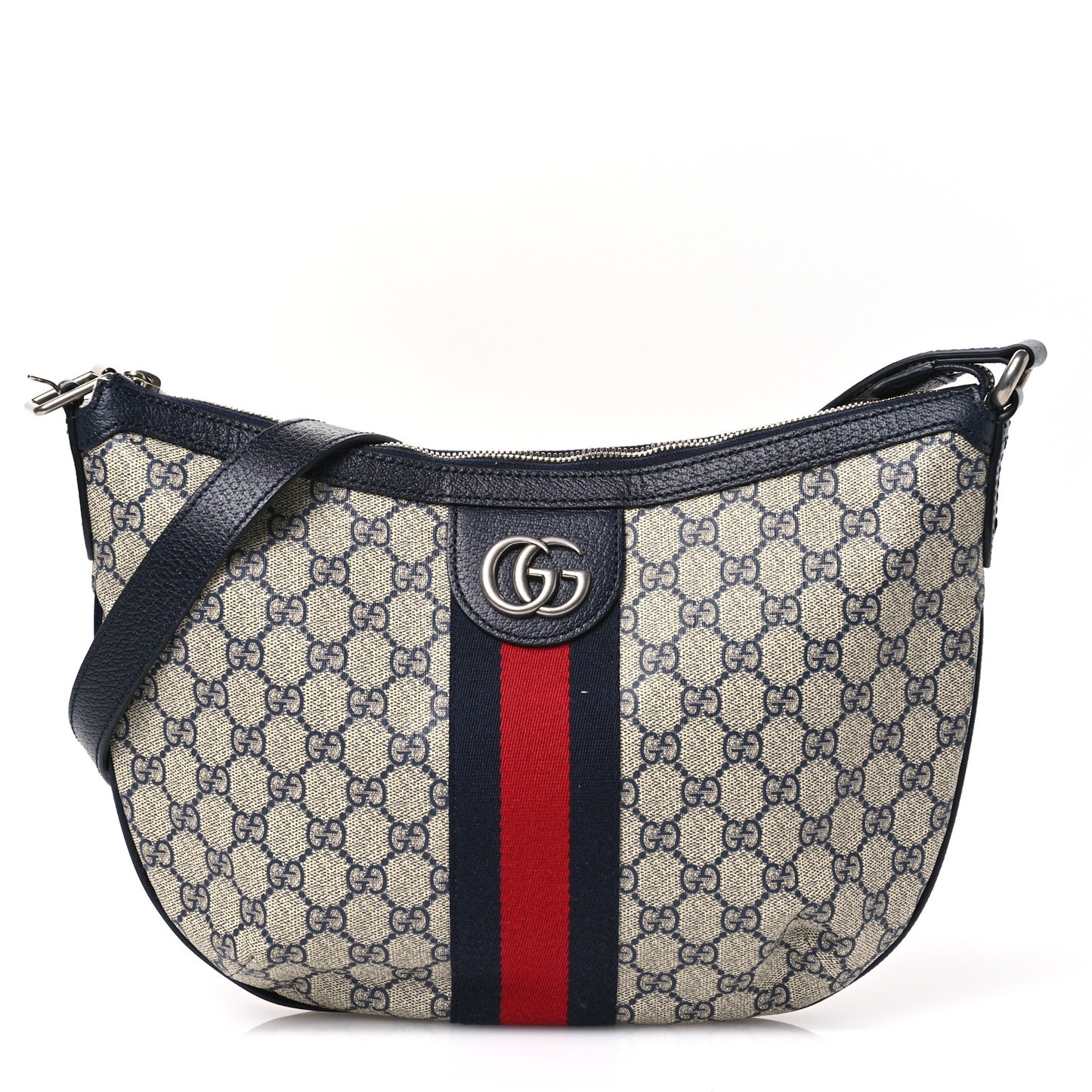 GG Supreme Monogram Textured Dollar Calfskin Web Small Ophidia Half Moon Hobo Beige Blue