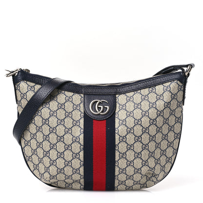 Gucci GG Supreme Monogram Textured Dollar Calfskin Web Small Ophidia Half Moon Hobo Beige Blue 1 of 11