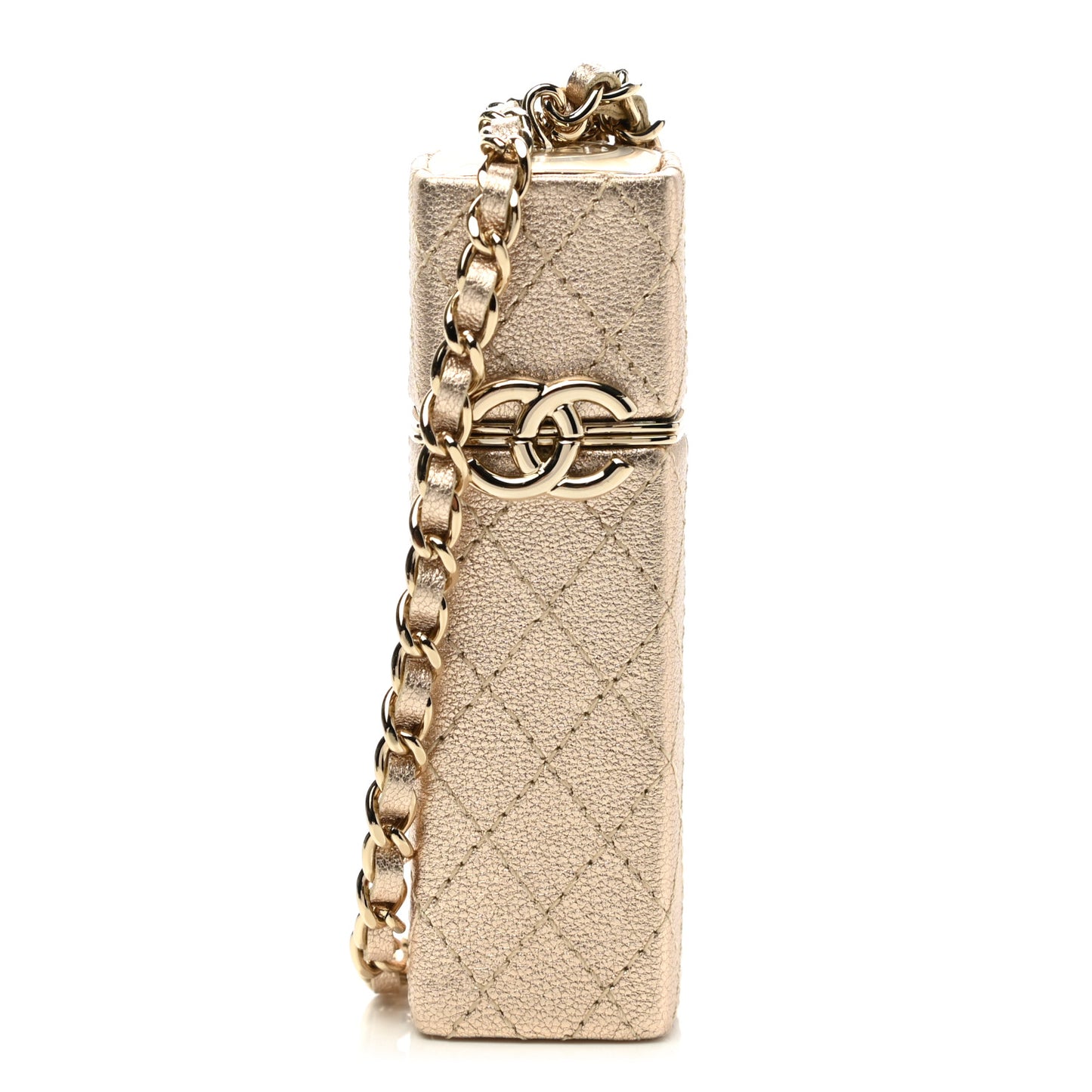 Metallic Lambskin Lipstick Case On Chain Gold