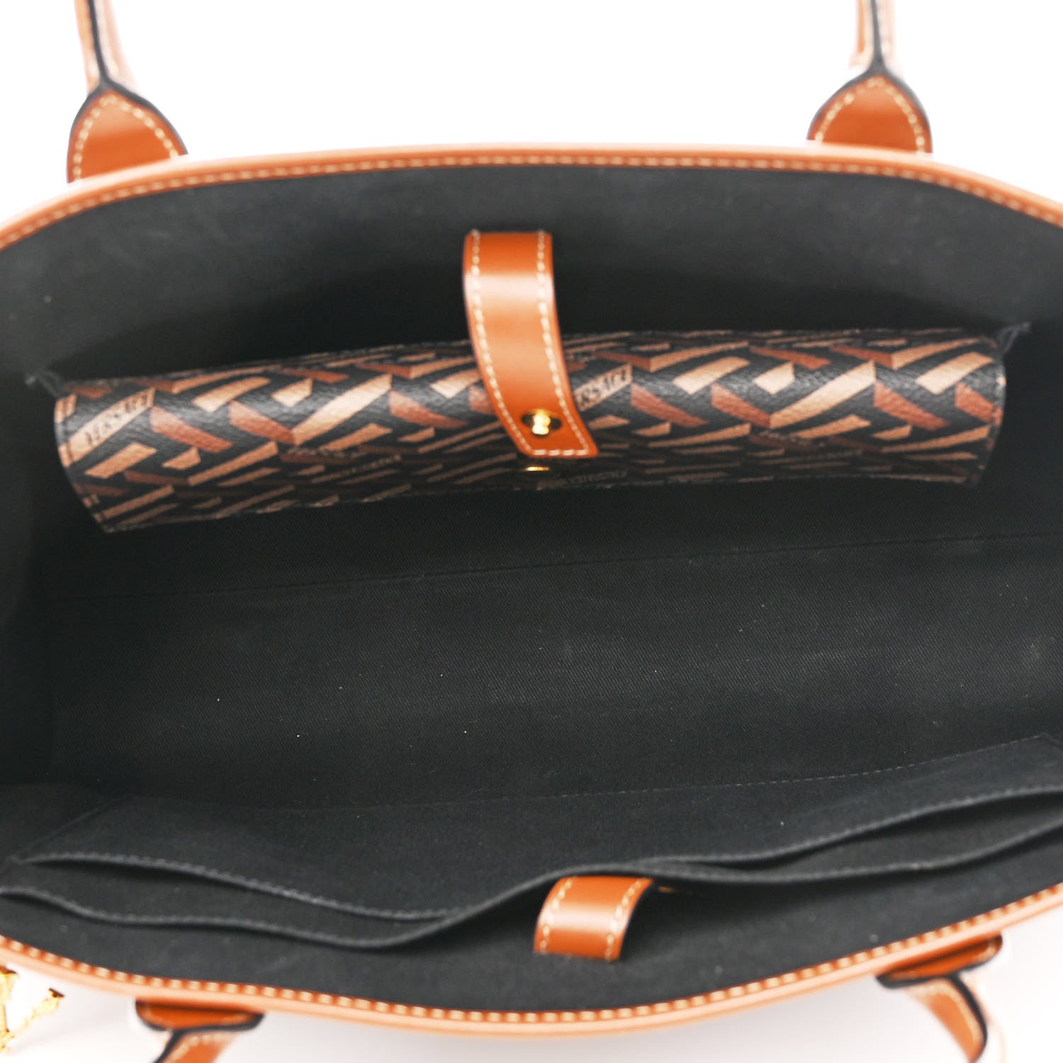 Versace Coated Canvas Calfskin La Greca Signature Tote Bag Black Caramel 5 of 11