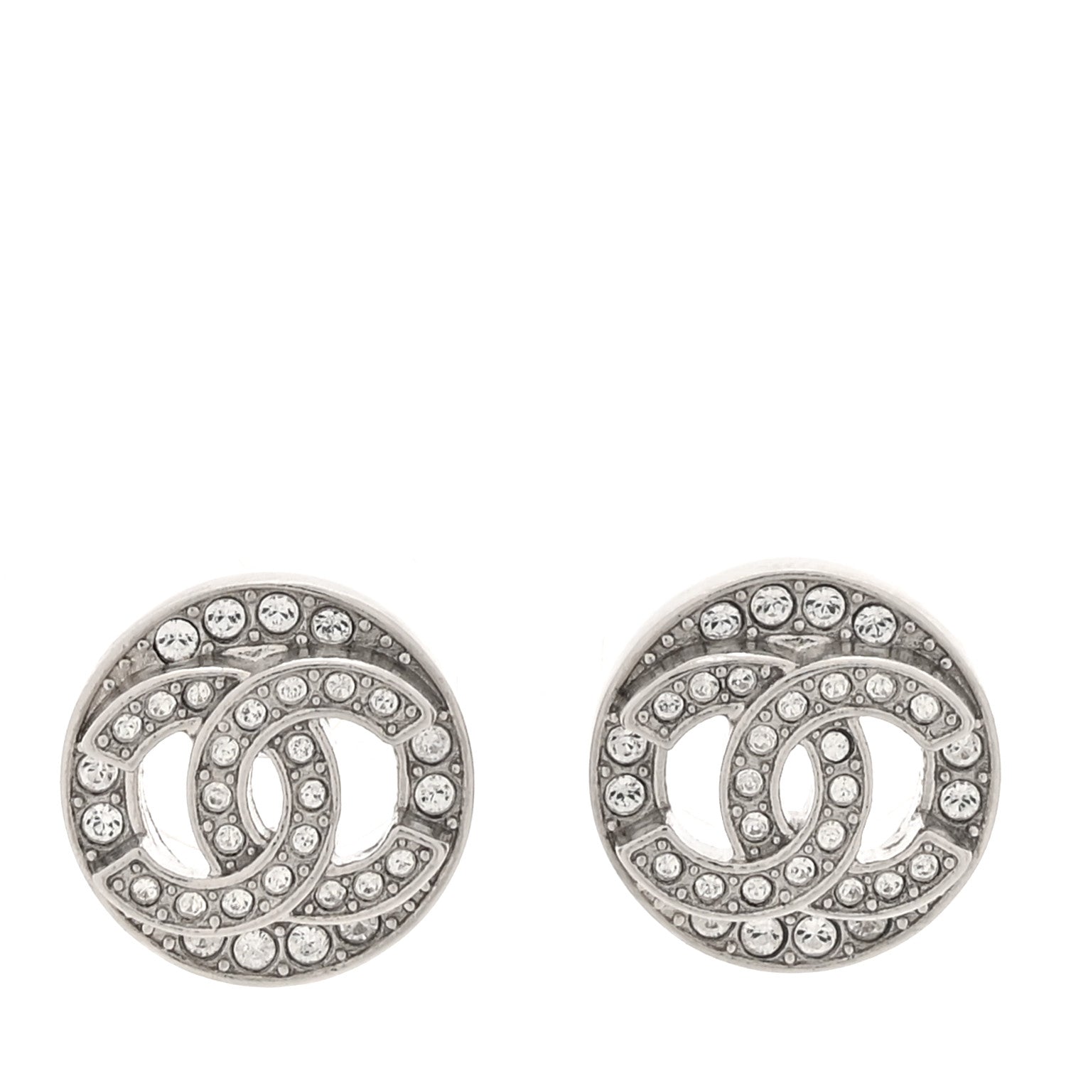 Chanel Crystal CC Round Earrings Silver 1 of 5