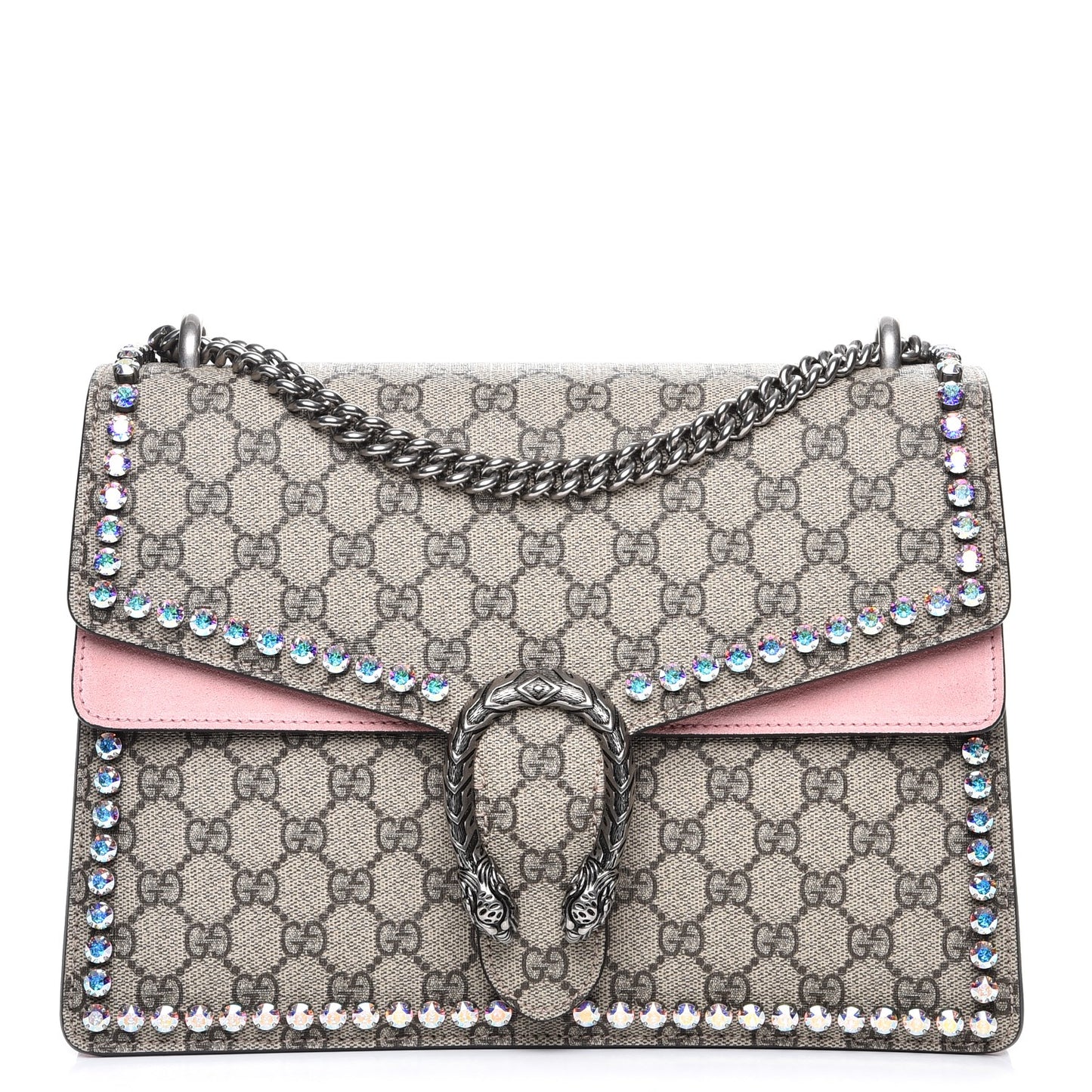 GG Supreme Monogram Suede Crystal Medium Dionysus Shoulder Bag Beige Ebony Light Peonia