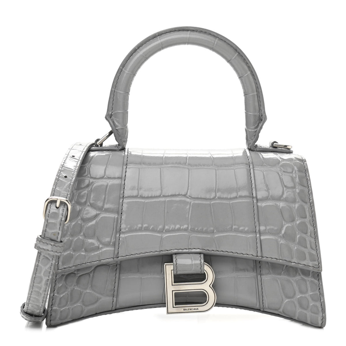 Balenciaga Shiny Calfskin Crocodile Embossed Hourglass Top Handle Bag XS Balenciaga Grey 1 of 11