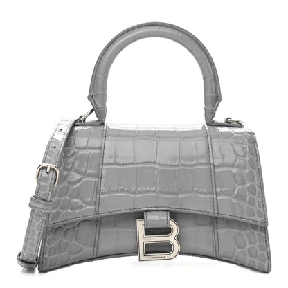 Balenciaga Shiny Calfskin Crocodile Embossed Hourglass Top Handle Bag XS Balenciaga Grey 1 of 11