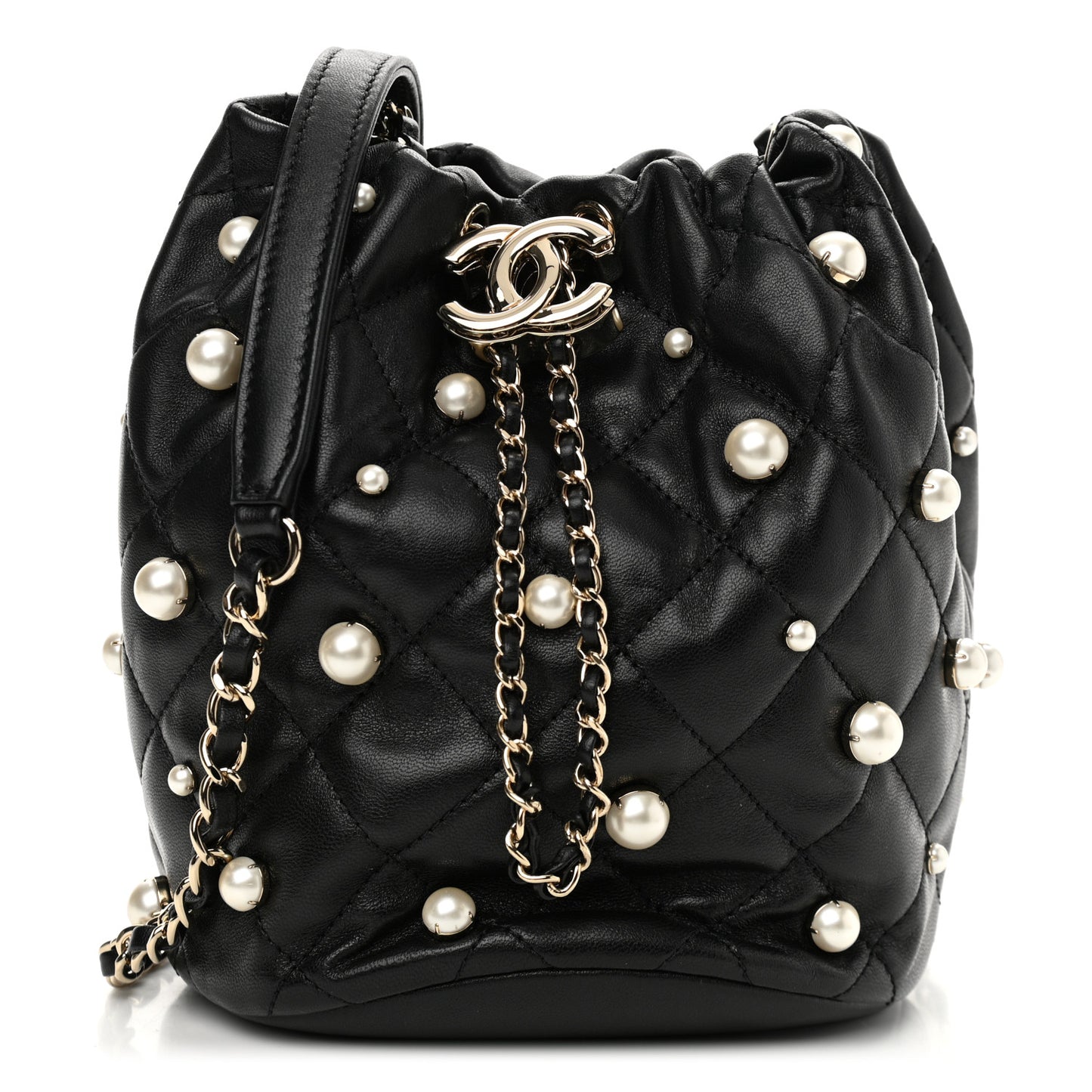 Lambskin Quilted Pearl About Pearls Drawstring Bag Black