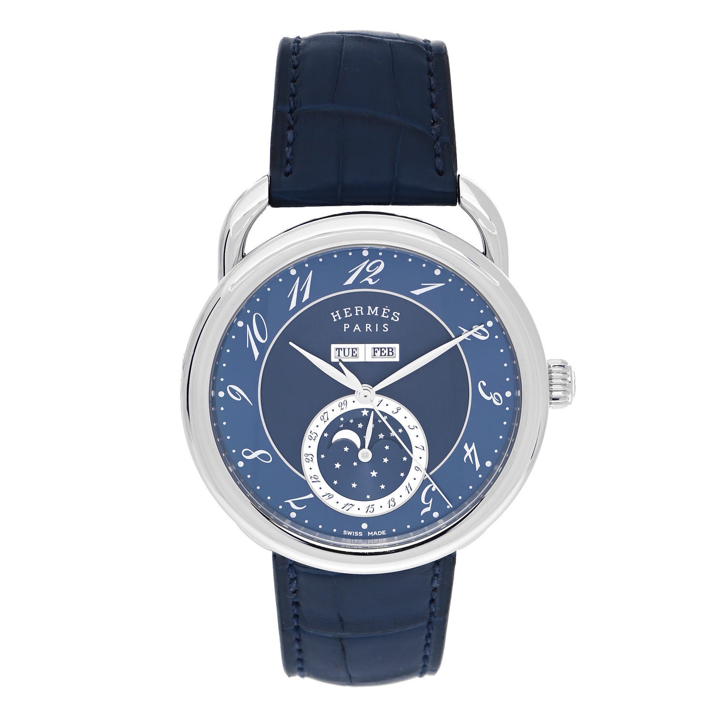 Stainless Steel Alligator 43mm Arceau Grande Lune Automatic Watch Bleu Abysse