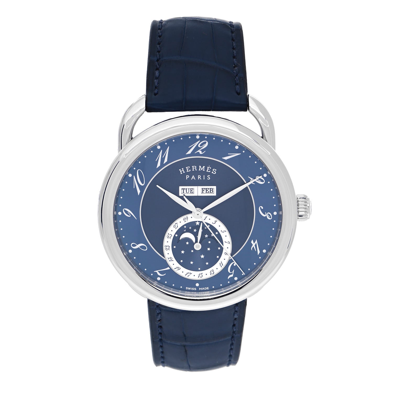 Hermes Stainless Steel Alligator 43mm Arceau Grande Lune Automatic Watch Bleu Abysse 1 of 5