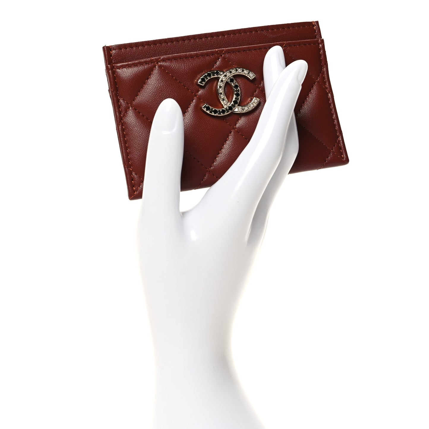 Lambskin Pearl Enamel Quilted CC Card Holder Brown
