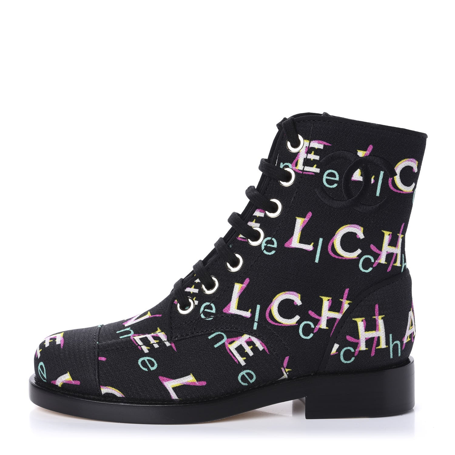 Chanel Tweed Lace Up Short Boots 35 Black Ecru Green Red 1 of 10