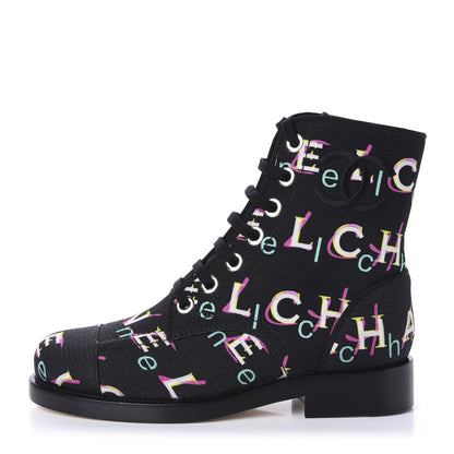 Chanel Tweed Lace Up Short Boots 35 Black Ecru Green Red 1 of 10
