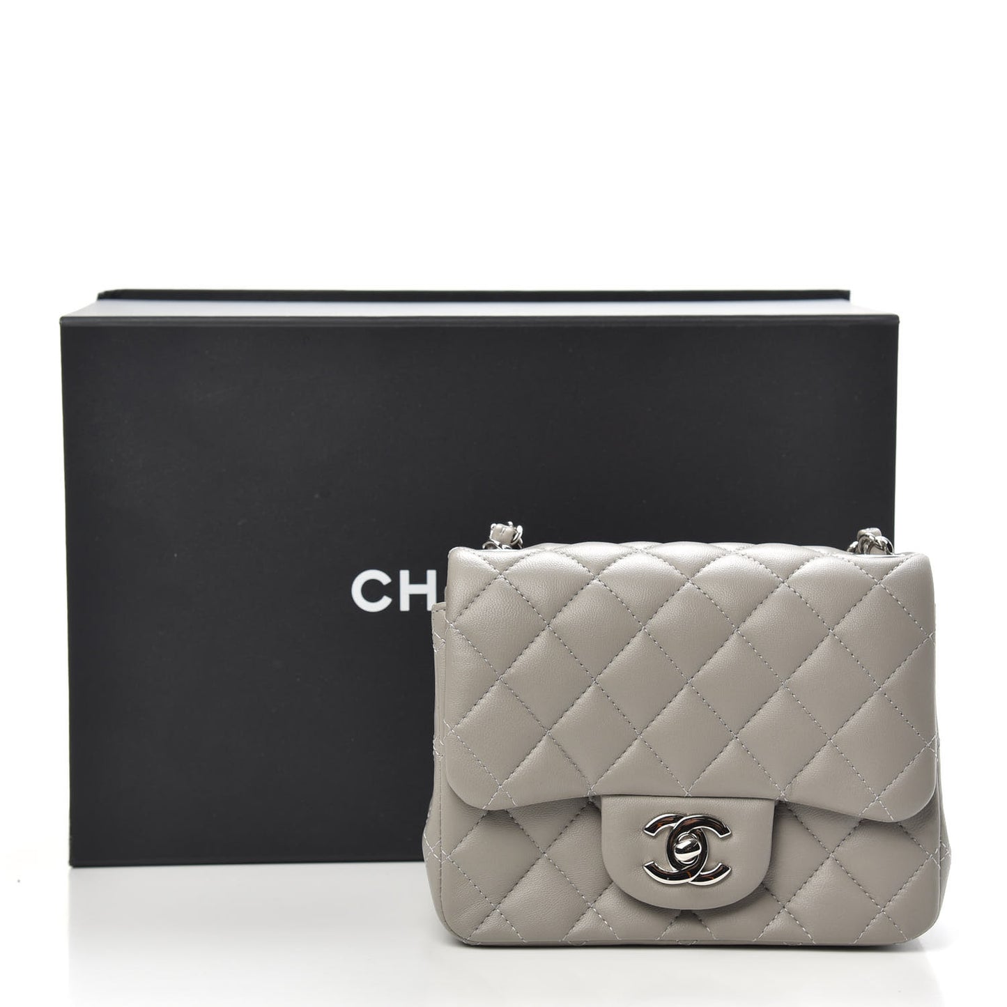 Lambskin Quilted Mini Square Flap Light Grey