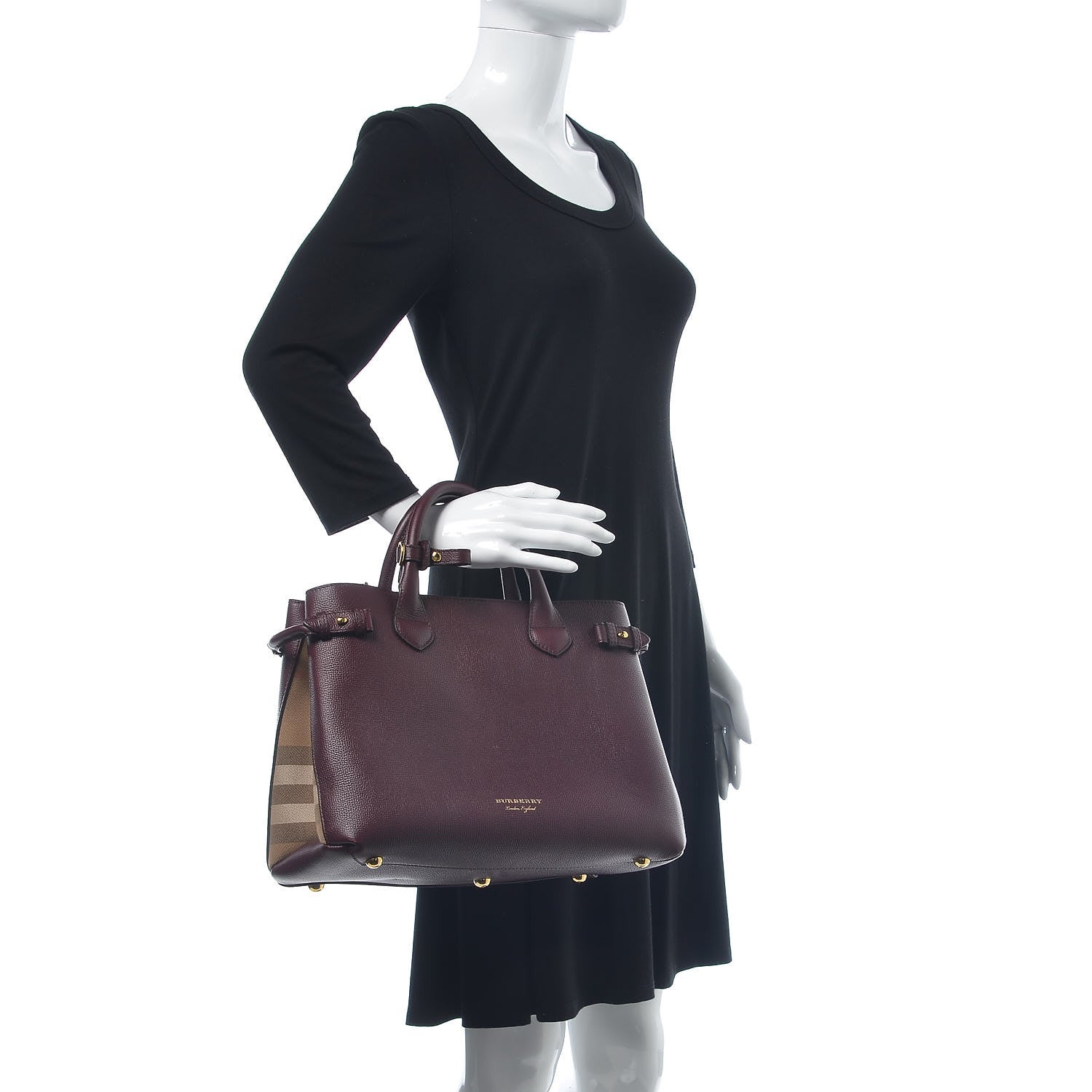 Burberry Grainy Calfskin House Check Medium Banner Tote Mahogany Red 2 of 7