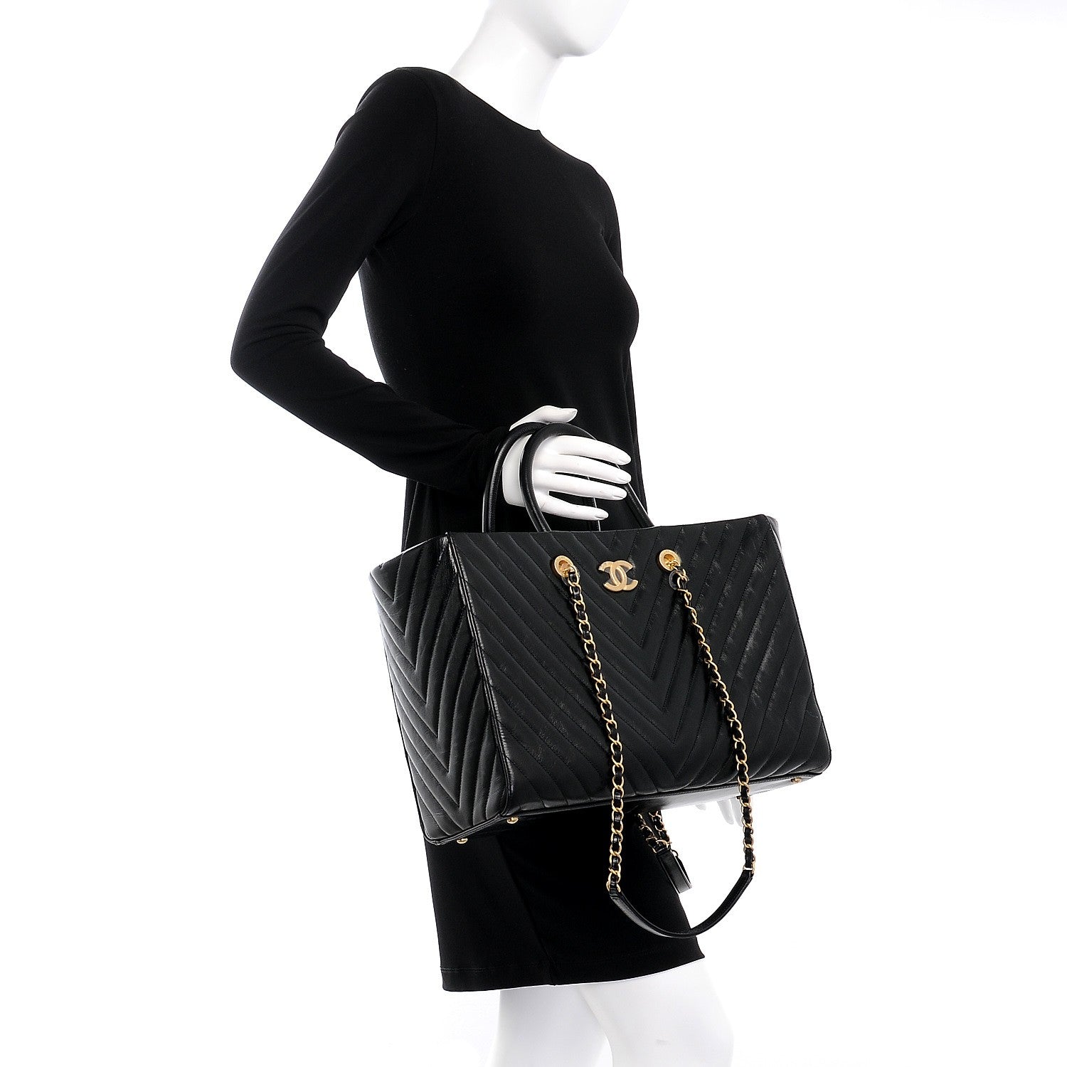 Chanel Glazed Calfskin Chevron Quilted Shopper Tote Black 3 of 15