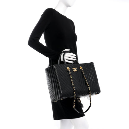 Chanel Glazed Calfskin Chevron Quilted Shopper Tote Black 3 of 15