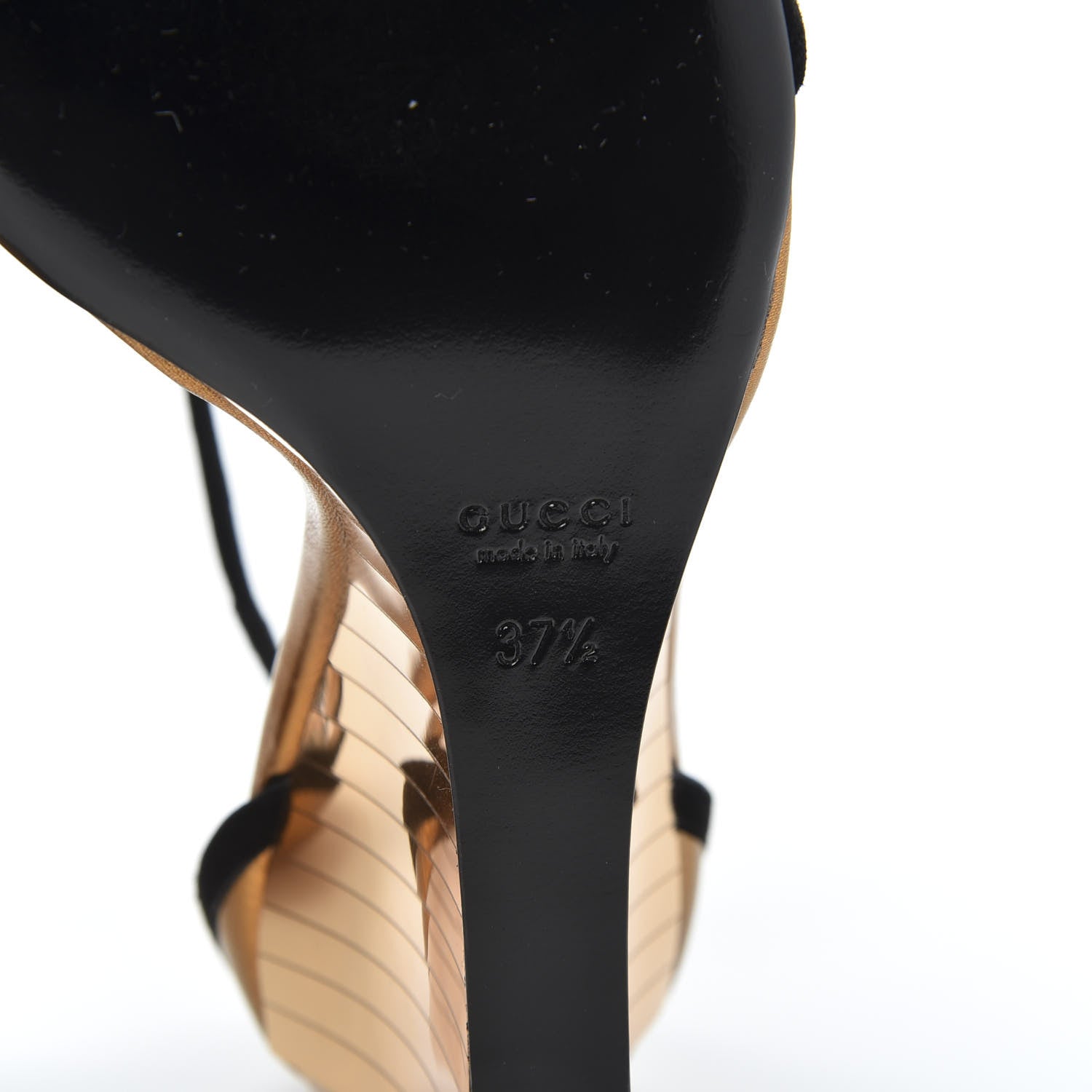 Gucci Suede Delphine Mirrored Mid Heel Strap Wedge Sandal 37.5 Black Gold 8 of 9