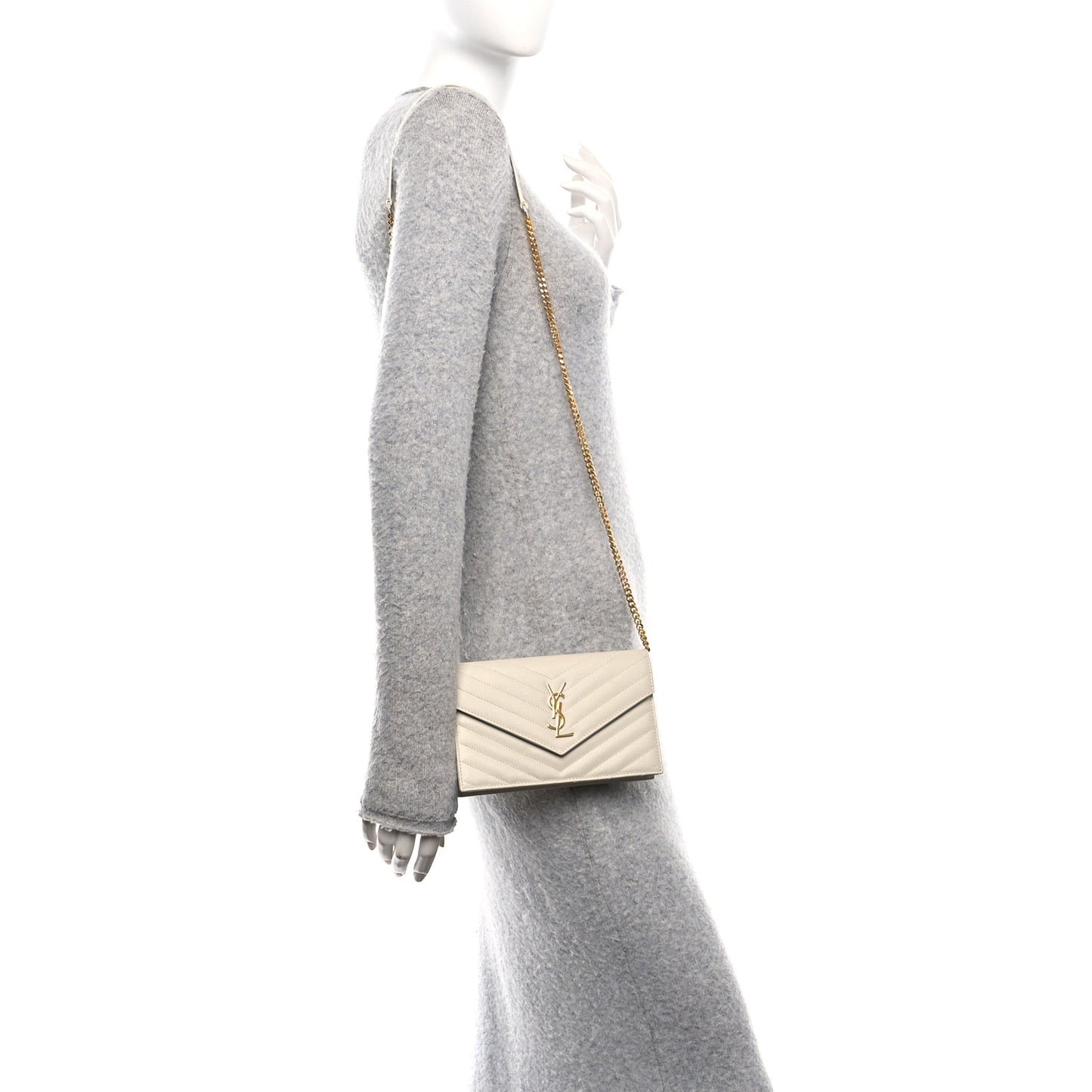 Grain De Poudre Matelasse Chevron Monogram Envelope Chain Wallet Optical White