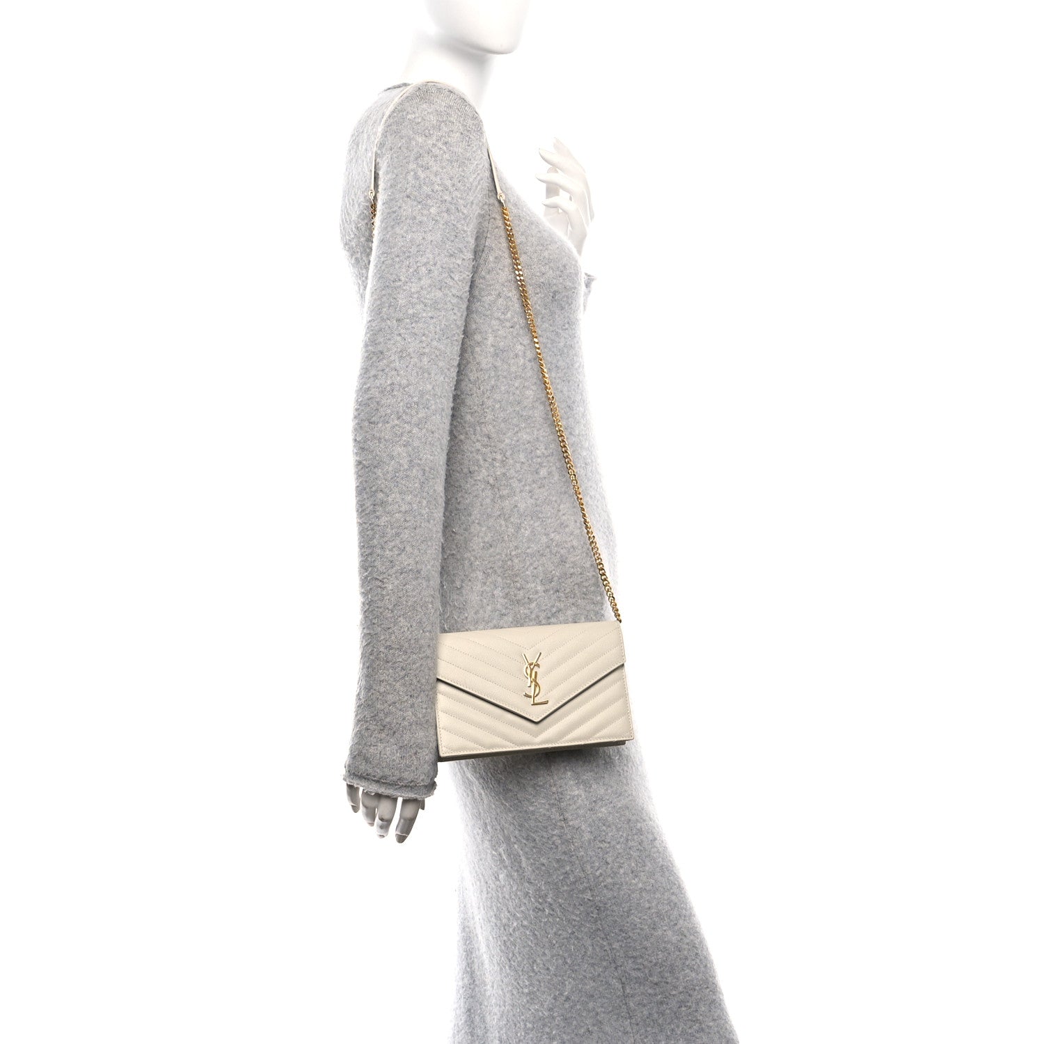 Saint Laurent Grain De Poudre Matelasse Chevron Monogram Envelope Chain Wallet Optical White 2 of 10