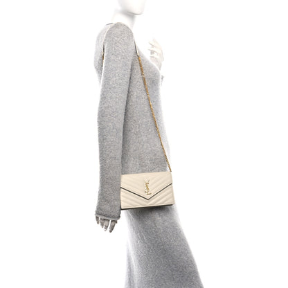 Saint Laurent Grain De Poudre Matelasse Chevron Monogram Envelope Chain Wallet Optical White 2 of 10