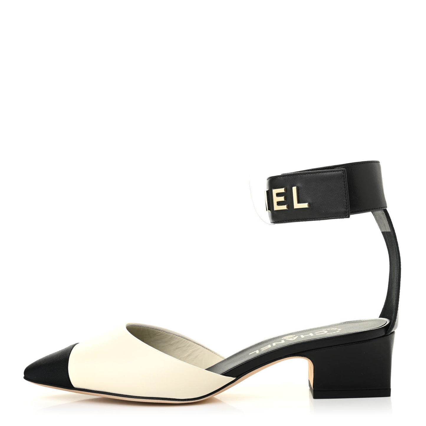 Lambskin Grosgrain Cap Toe Logo Ankle Strap Pumps 38.5 White Black