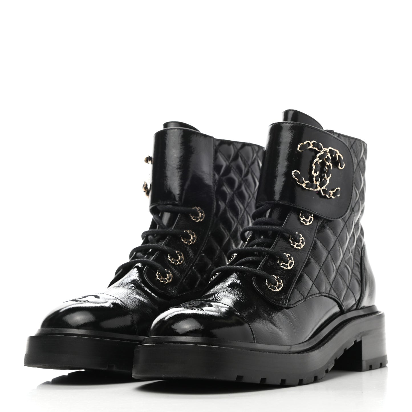 Shiny Calfskin Quilted Lace Up Combat Boots 38.5 Black