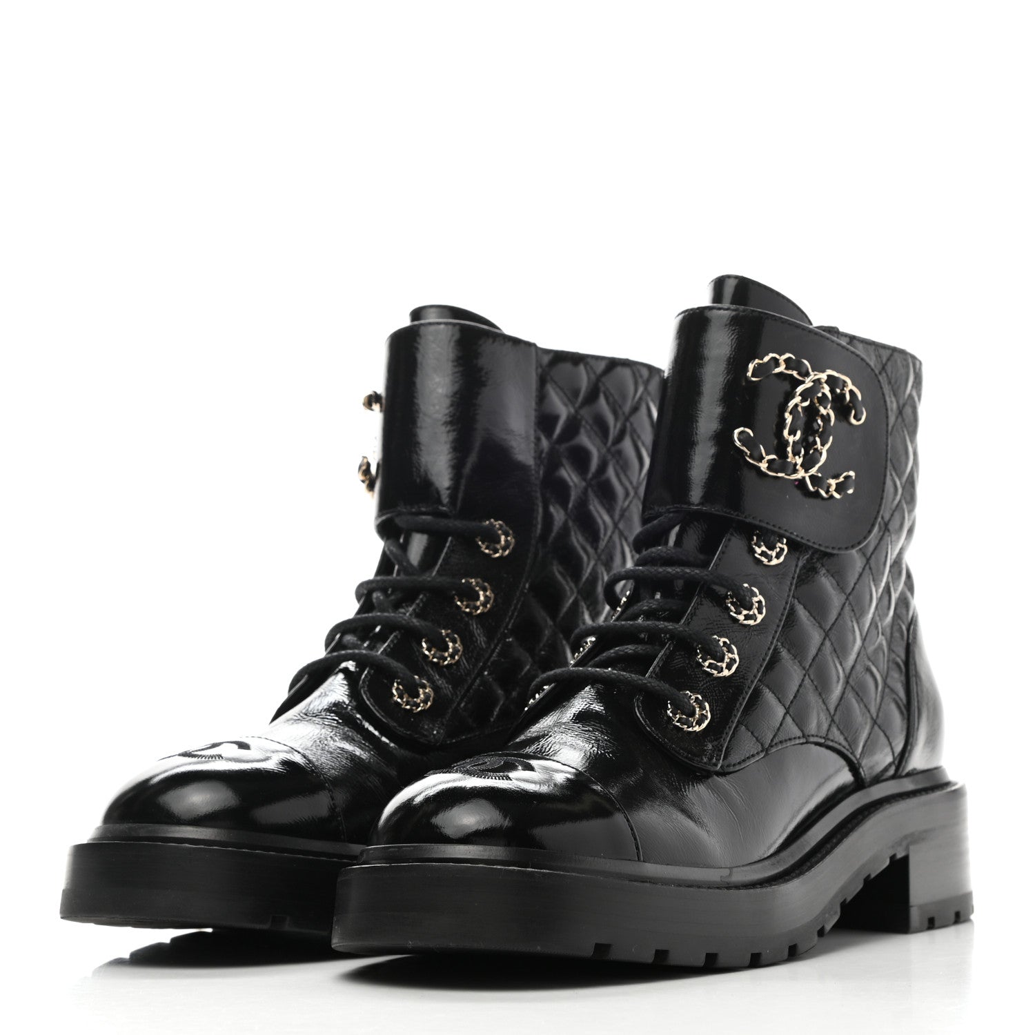 Chanel Shiny Calfskin Quilted Lace Up Combat Boots 38.5 Black 3 of 10