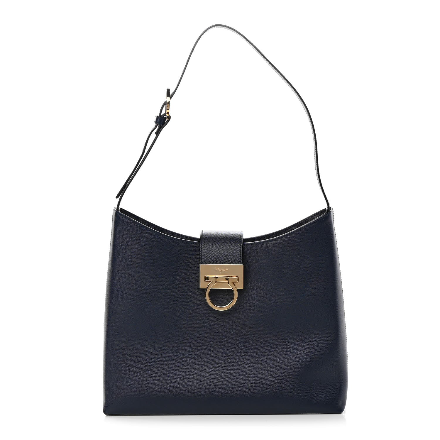Salvatore Ferragamo Hammered Calfskin Trifolio Shoulder Bag Navy 1 of 11