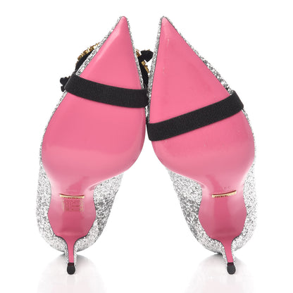 Gucci Nappa Silk Glitter Removable Crystal Heart Pumps 38.5 Argento 9 of 12