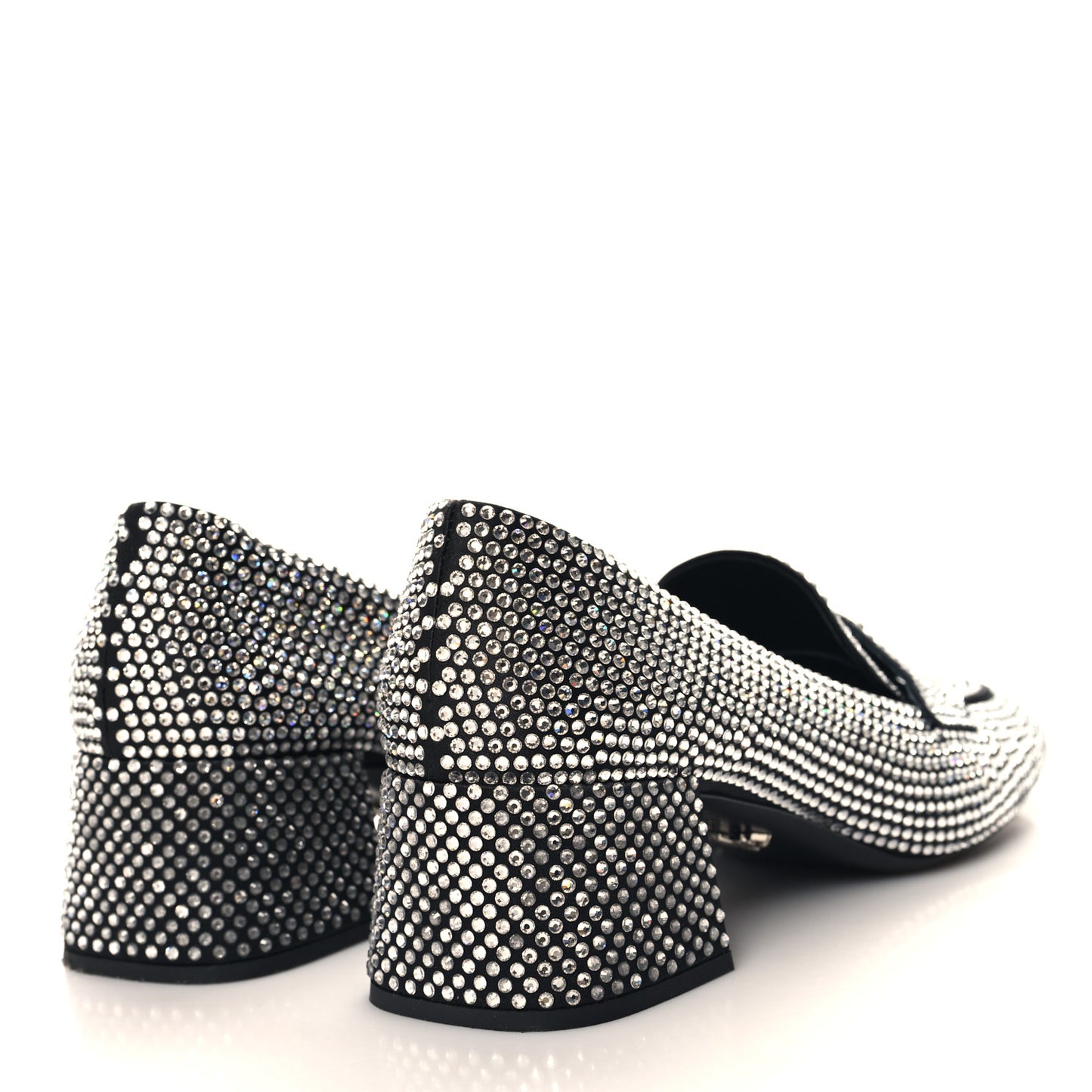 Satin Crystal Metal Triangle Logo 45mm Block Heel Loafers 40 Cristal