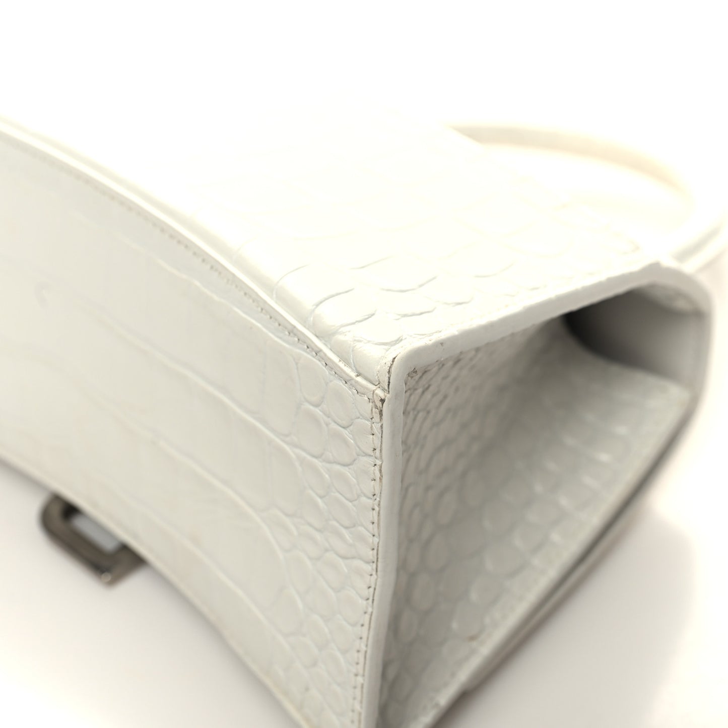 Calfskin Crocodile Embossed Small Hourglass Top Handle Bag White