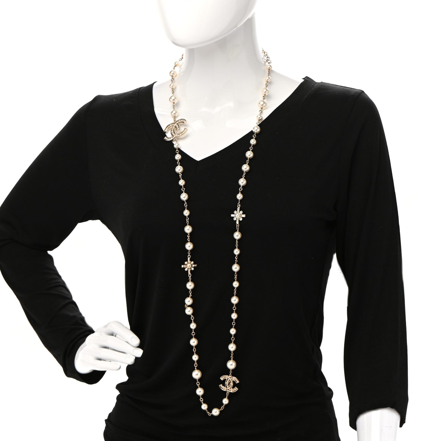 Graduated Pearl Crystal CC Necklace Gold