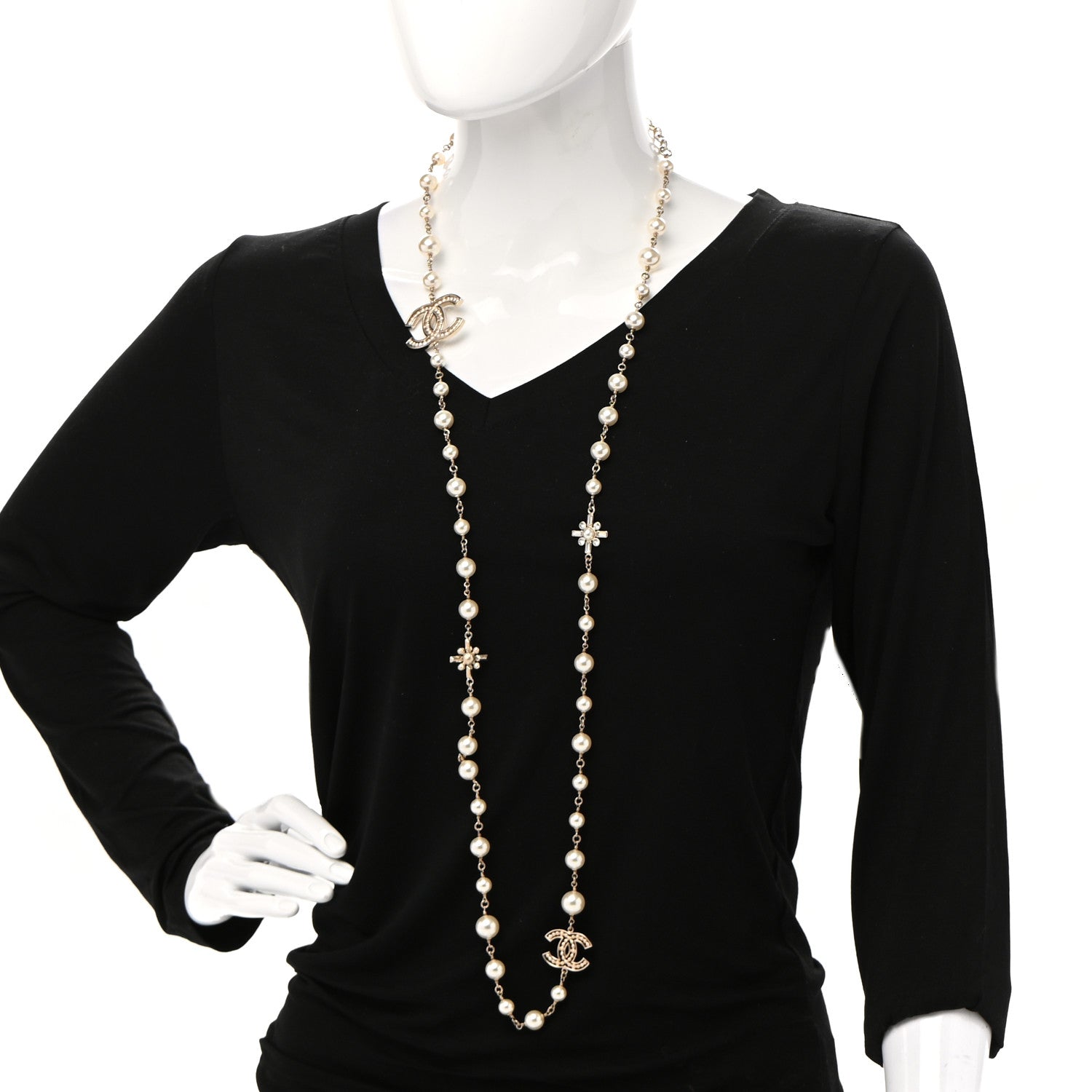 Chanel Graduated Pearl Crystal CC Necklace Gold 2 of 8
