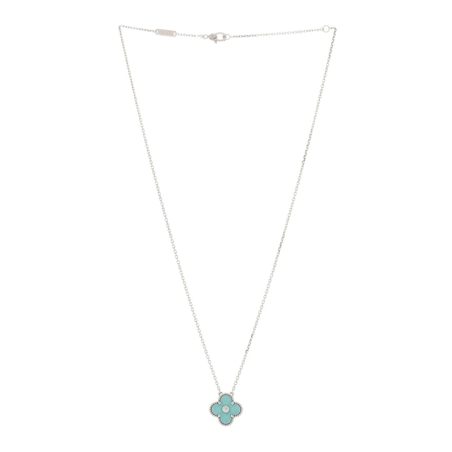 18K White Gold Diamond Celadon Green Sevres Porcelain Vintage Alhambra Pendant Necklace