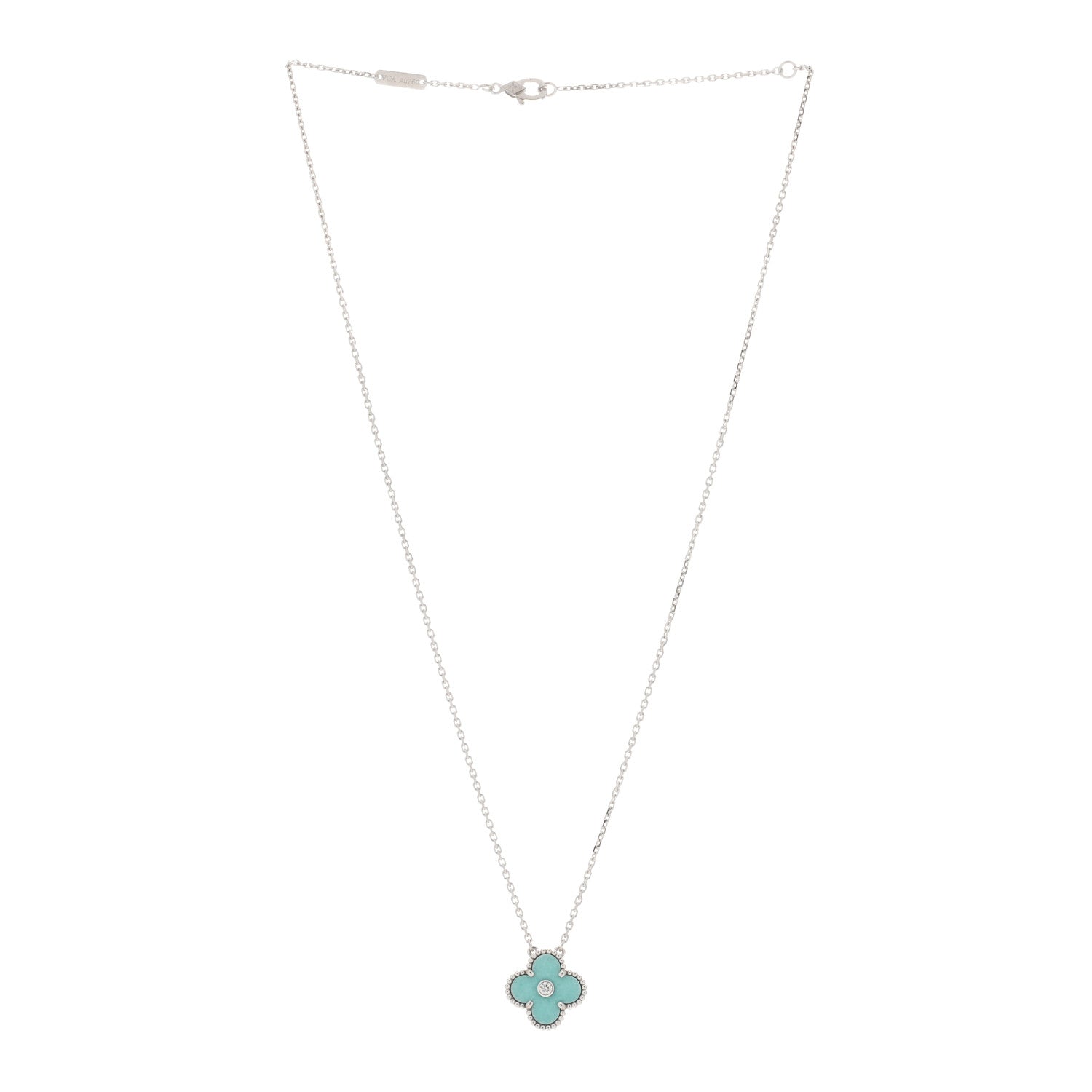 Van Cleef & Arpels 18K White Gold Diamond Celadon Green Sevres Porcelain Vintage Alhambra Pendant Necklace 2 of 3
