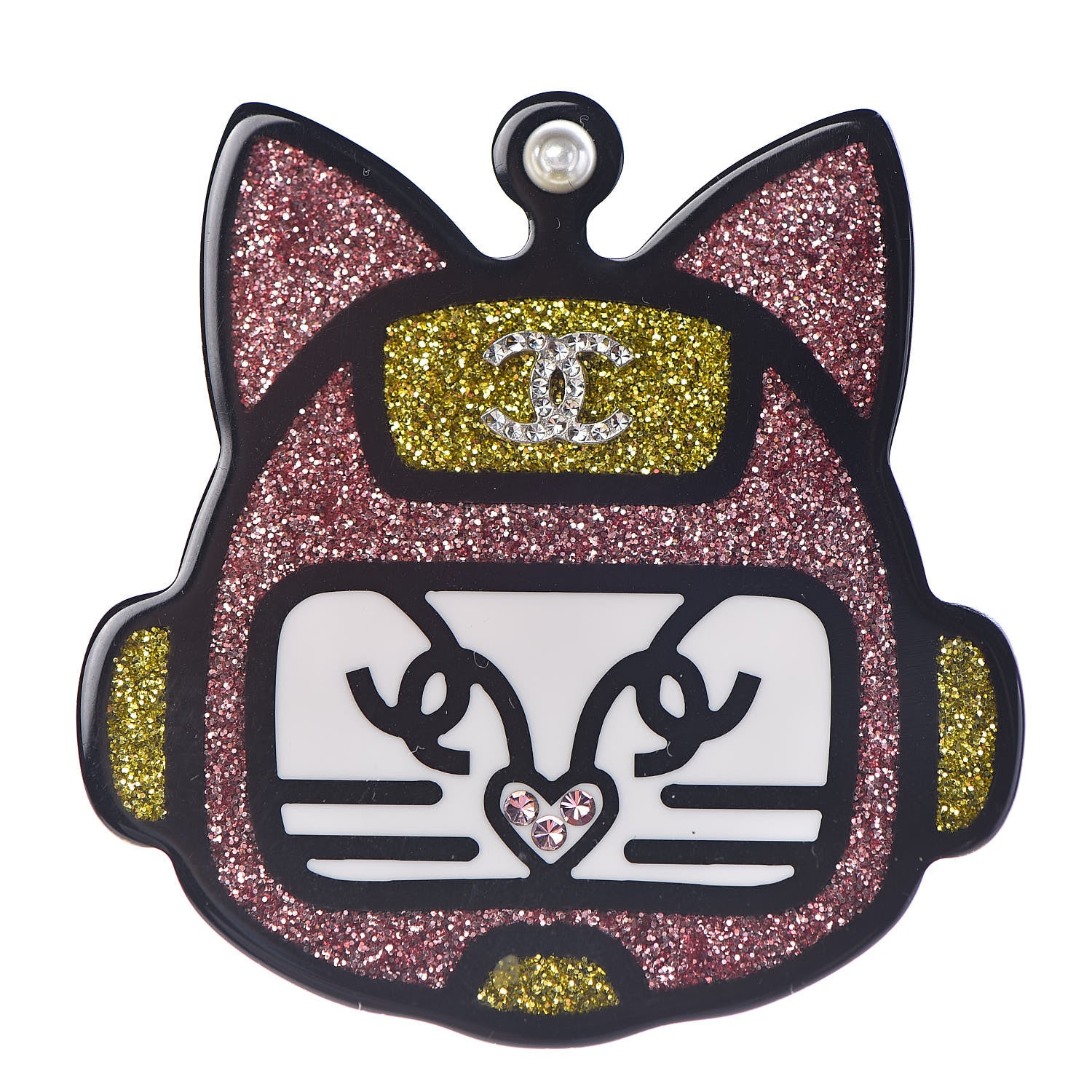 Chanel Resin Crystal Cat Emoji Brooch Black Pink Yellow 1 of 4