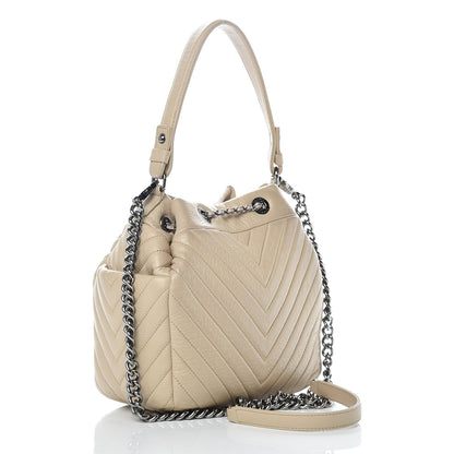 Chanel Deerskin Chevron Small CC Chain Bucket Bag Beige 2 of 14