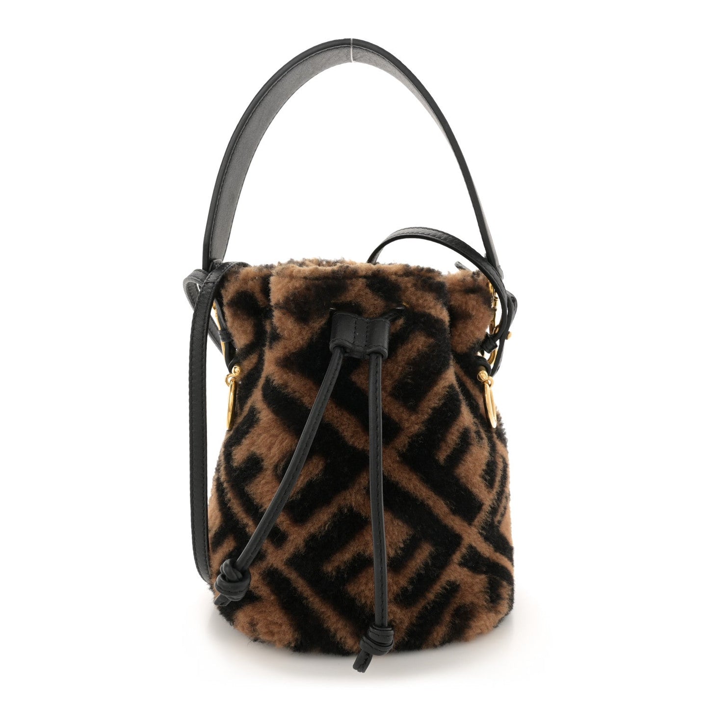 Shearling Vitello Dolce F is Fendi Macro FF 1974 Mini Mon Tresor Bucket Bag Tobacco Black