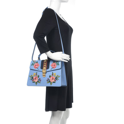 Gucci Calfskin Embroidered Medium Sylvie Top Handle Bag Clear Sky Blue 2 of 11