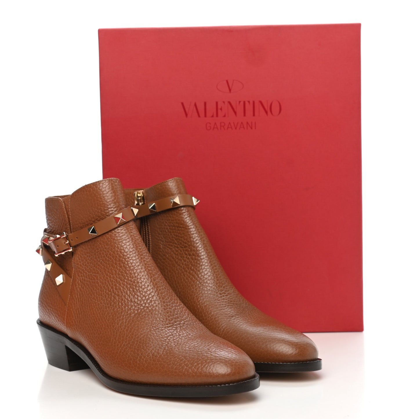 Grained Calfskin Rockstud Single Buckle 35mm Cowboy Ankle Boots 38 Tobacco
