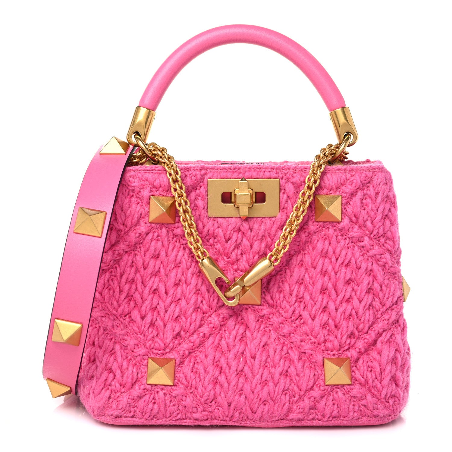 Valentino Garavani Wool Woven Small Roman Stud The Handle Bag Feminine Pink 1 of 6