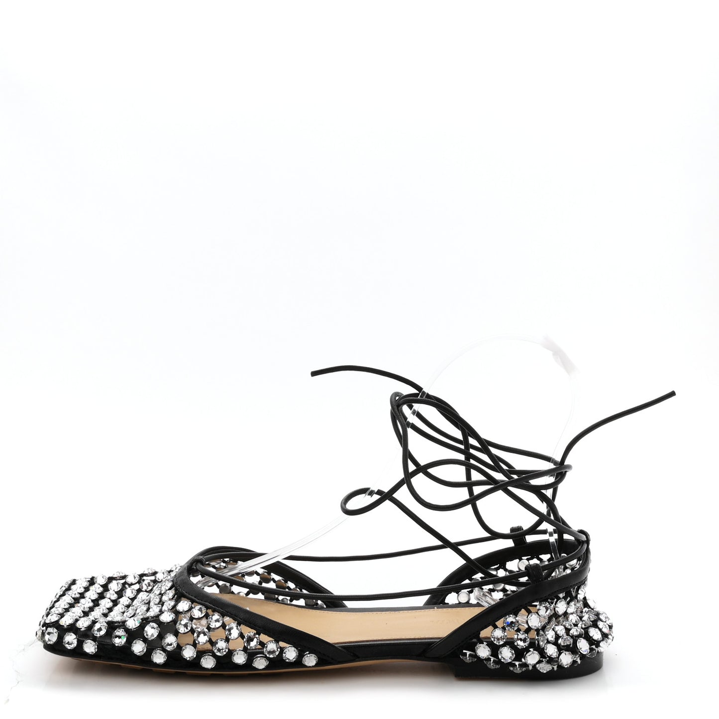 Mesh Nappa Crystal Embellished Sparkle Stretch Ankle Tie Flats 38 Black
