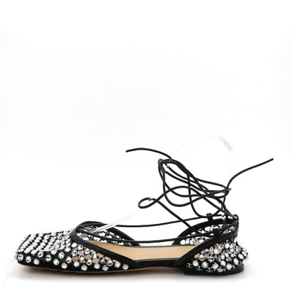 Bottega Veneta Mesh Nappa Crystal Embellished Sparkle Stretch Ankle Tie Flats 38 Black 1 of 8