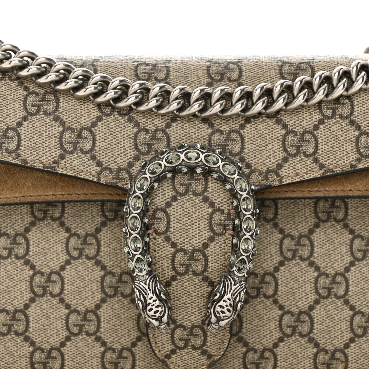 GG Supreme Monogram Suede Crystal Small Dionysus Shoulder Bag Beige Ebony Taupe