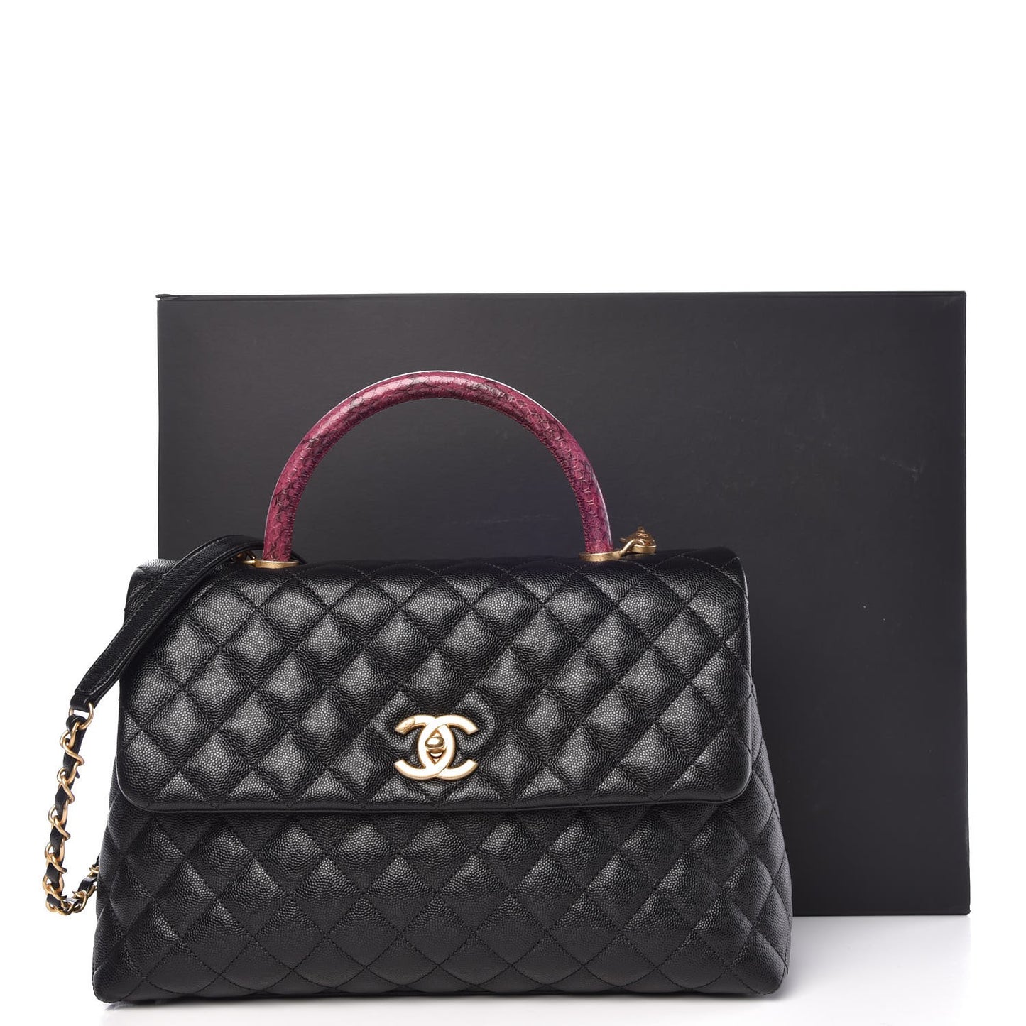 Caviar Elaphe Quilted Medium Coco Handle Flap Black Burgundy